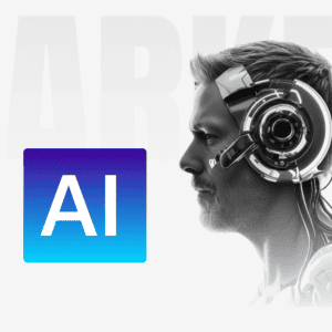 Férfi arcát AI-vezérelt fejlesztésű robot fejhallgatóval, a mesterséges intelligencia és innováció a marketingben.